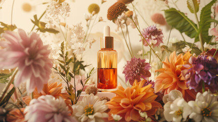 An essential oil bottle elegantly surrounded by a variety of vibrant flowers, highlighting natural...