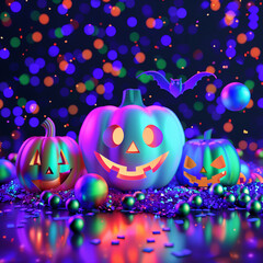 Fototapeta premium Jack O'Lantern pumpkins and cute Halloween decorations in Neon holographic purple color tone with copy space for text. Volume 32. Square aspect ratio.