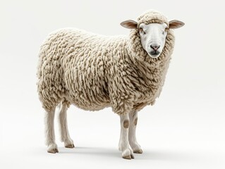Fototapeta premium photorealistic rendering of fluffy sheep isolated on pure white background detailed texture of wooly coat gentle expression and natural pose farm animal portrait with studioquality lighting