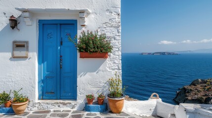 White Greek House with Blue Door, Pots and Plants on Wall, Sea View on Sunny Day with Clear Sky and Blue Water Background, High Resolution Photography
