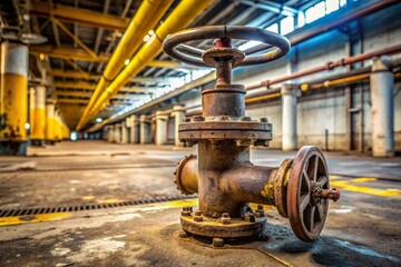 Fototapeta premium Old industrial oil drain valve on rusty metal pipe in grimy facility garage with concrete floor and yellow safety lines in blurred background.