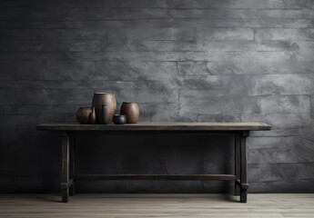 Rustic wooden table with decorative pottery against a dark grey stone wall.