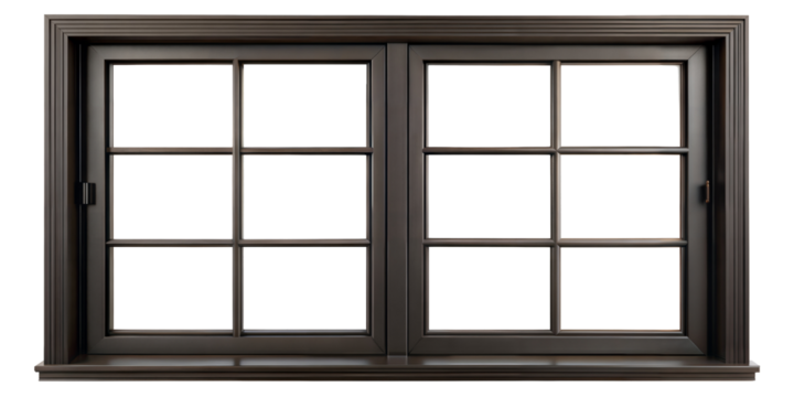 Black horizontal window frame with cross design isolated on transparent background with clipping path cut-out