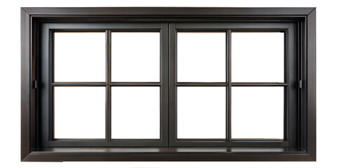 Horizontal black window frame with multiple panes isolated on transparent background with clipping path cut-out