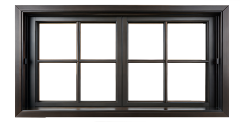 Horizontal black window frame with multiple panes isolated on transparent background with clipping path cut-out