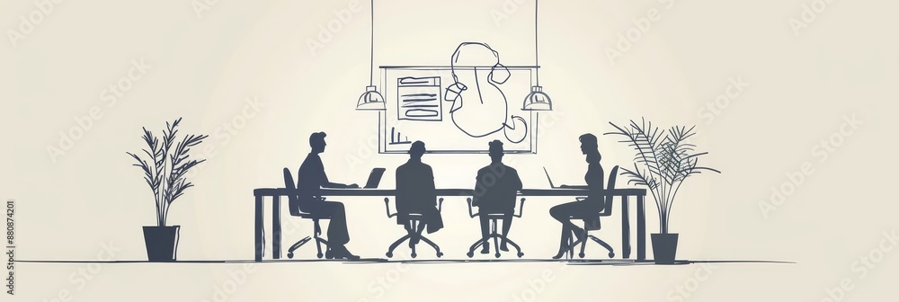 Wall mural business meeting sketch - sketch of a business meeting with a team of four people sitting around a t