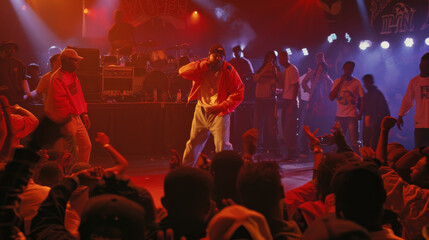 A lively concert scene where a rapper performs on stage, engaging a crowd of enthusiastic fans under dramatic lighting and vibrant atmosphere.