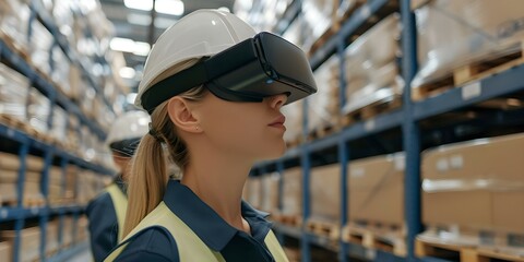 Warehouse workers using AR glasses for augmented reality picking in fulfillment centers. Concept Augmented Reality in Fulfillment Centers, Warehouse Automation, AR Glasses for Picking