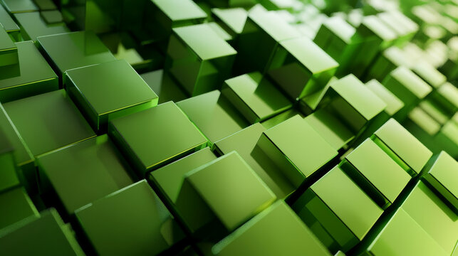 Perspective view of a complex green 3D grid of interconnected cubes, showcasing depth and structure.