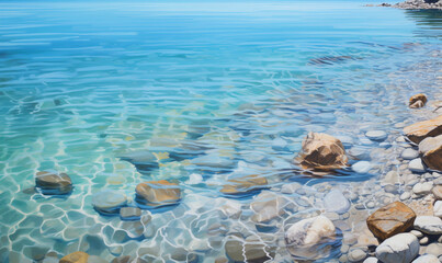 Beach with pebbles and rocks clear blue water