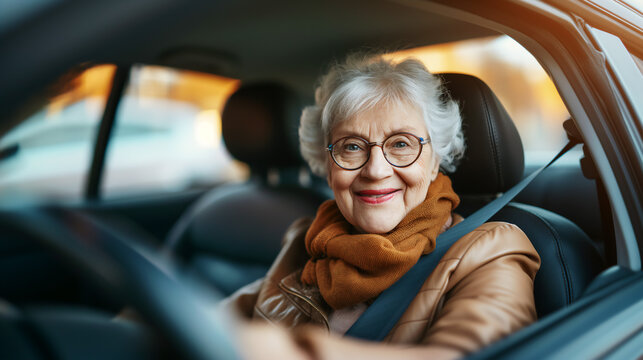 Senior woman driving car with seatbelt on, senior safety awareness, copy space