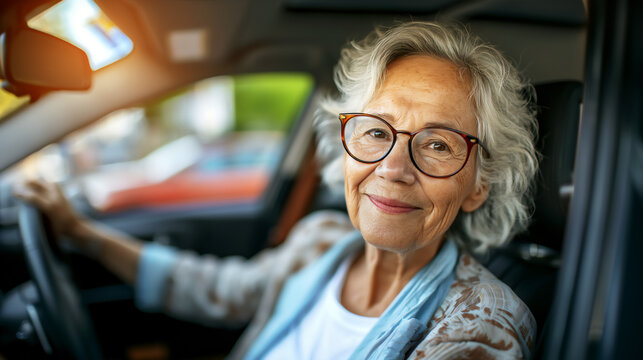 older woman driving car with seatbelt on, senior safety awareness, copy space