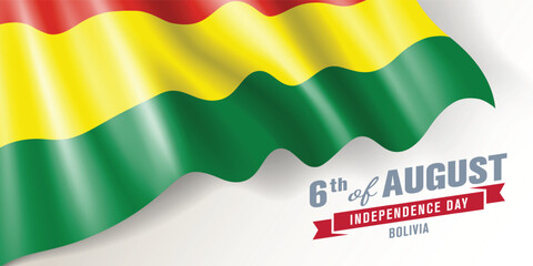 Bolivia independence day vector banner, greeting card. Bolivian wavy flag in 6th of August national patriotic holiday horizontal design