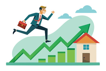 Rising Housing Prices: Businessman Runs on Ascending Green Graph Atop House Roof, Symbolizing Real Estate Growth