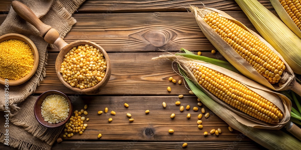 Poster corn groats and seeds corncobs on wooden rustic table generative by ai