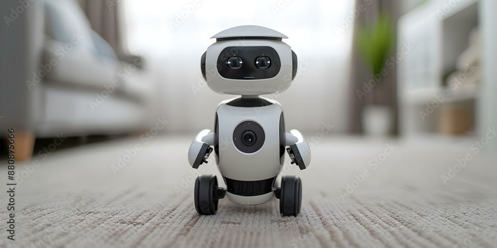 Poster intelligent baby monitor robot with motion detection camera acts as a nanny. concept smart home tech