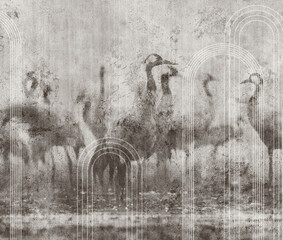 Textured background with beautiful cranes. Illustration for wallpaper, mural, poster, card, interior decoration.