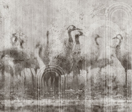 Textured background with beautiful cranes. Illustration for wallpaper, mural, poster, card, interior decoration.