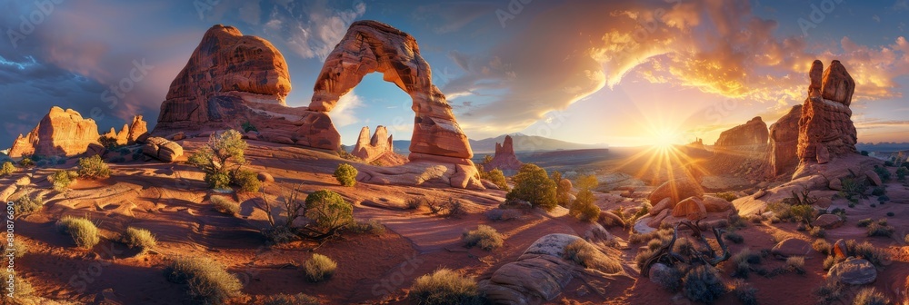 Sticker Stunning Sunset over Delicate Arch - A panoramic view of Delicate Arch in Arches National Park, Utah, at sunset. The golden light bathes the landscape in a warm glow, highlighting the arch's beauty. -