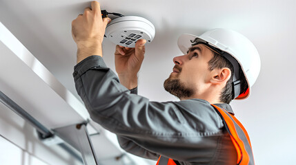 Electrician installing a wireless fire alarm sensor on a high ceiling using a ladder. The image should showcase the ease and flexibility of modern wireless fire alarm systems. Generate ai illustration