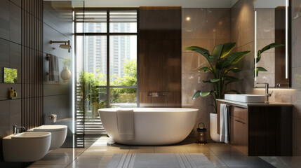 Fototapeta premium A luxurious bathroom with a freestanding white tub, lush green plants, and large windows inviting natural light, creating a peaceful and stylish sanctuary.