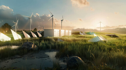 A renewable energy facility featuring wind turbines and solar panels spans a lush, sunlit meadow against a backdrop of mountains, promoting sustainability and eco-friendliness.