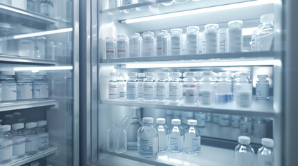 Shelves filled with vials and bottles in a sterile laboratory refrigerator, reflecting a high-tech environment of scientific research and precision.