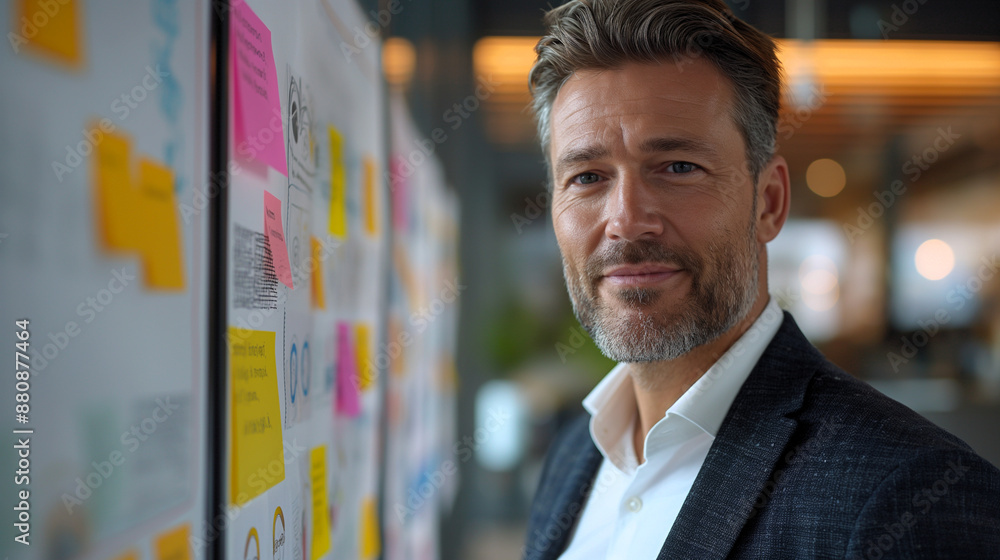 Poster a man stands in front of a wall covered in sticky notes. he is smiling and he is proud of the work d