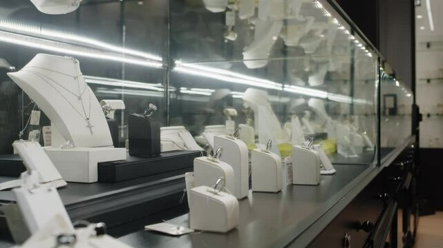 No people close-up of premium elegant pieces of jewellery displayed in highlighted minimalist crystal-clear glass showcases in premium boutique