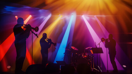 Musicians silhouetted against vibrant, colorful stage lights perform passionately in a lively jazz, blues, or rock concert, capturing the energy and rhythm of live music.