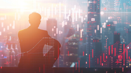 A silhouette of a man overlooks a cityscape with stock market graphs overlaid, representing finance, business strategy, and market analysis.