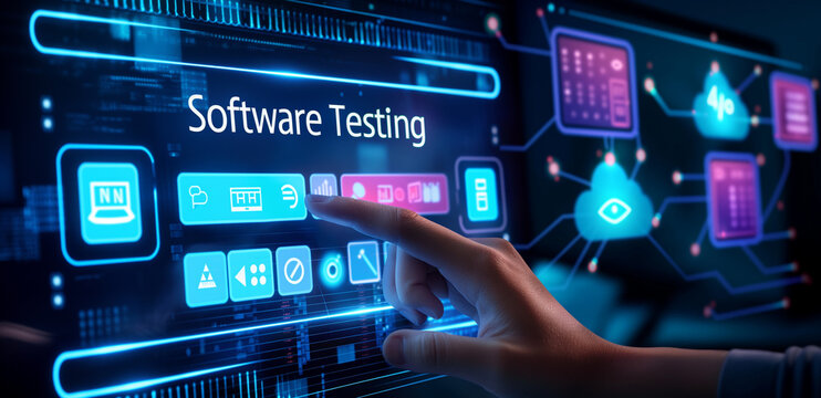 A hand touches a digital screen with text Software Testing and icons. Defects, bugs, errors in codes, Quality assurance, digital technology, AI. 