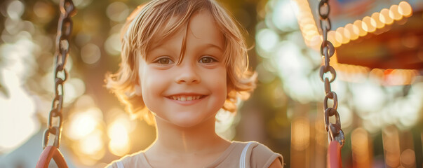 Panoramic view to a child having fun on attraction in amusement park. Family and childhood concept.