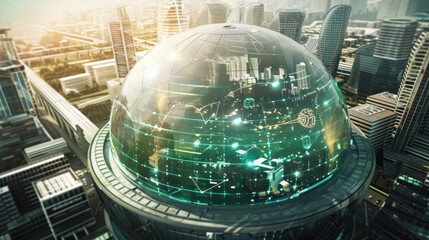 An advanced city center encased in a transparent dome, showcasing complex digital data overlays and networks amidst futuristic skyscrapers.