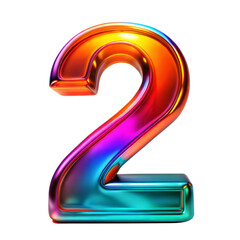 Colorful glass number 2 with blue gradient isolated on transparent background with clipping path cut-out