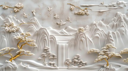 A mesmerizing carved wall art with mountains, trees, and birds in a serene landscape, beautifully detailed and embellished with golden accents.