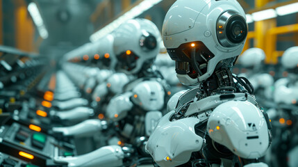 Fototapeta premium Robots in a factory sorting boxes, high-tech production, automation, future concept, suitable for logistics and manufacturing businesses, addresses issues of robotics and unemployment