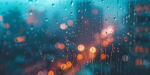 Raindrops fall on a window, illuminated by colorful, blurred lights, creating a serene and moody cityscape