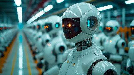 Fototapeta premium Robots in a factory sorting boxes, high-tech production, automation, future concept, suitable for logistics and manufacturing businesses, addresses issues of robotics and unemployment