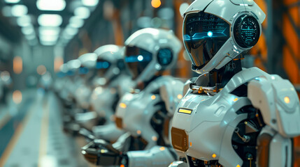 Fototapeta premium Robots in a factory sorting boxes, high-tech production, automation, future concept, suitable for logistics and manufacturing businesses, addresses issues of robotics and unemployment.