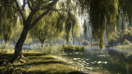 A tranquil lakeside scene featuring weeping willows and lily pads, embodying peace and natural beauty.