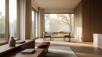 Fototapeta premium Sunlight filters through large windows into a serene, minimalist room with wooden furniture and a tranquil garden view.