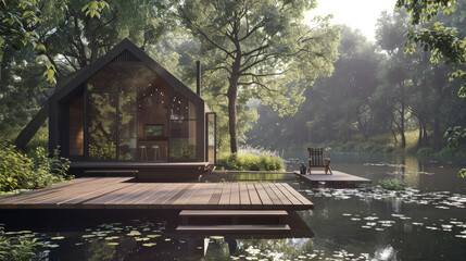 Obraz premium An idyllic wooden cabin by a peaceful pond surrounded by lush trees, with a cozy deck and chairs, blending with nature’s tranquility.