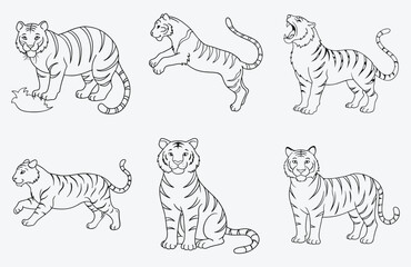 Majestic Tiger Line Art Vector Set, Detailed Illustrations for Design Projects