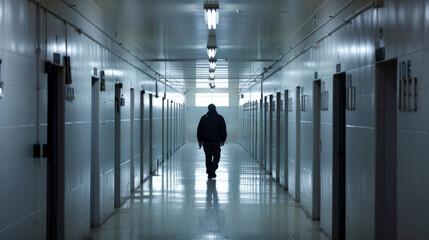 A solitary silhouette walks down a stark, fluorescent-lit hallway lined with closed doors, evoking a sense of isolation and mystery.
