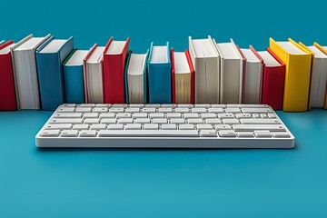 White Keyboard on Bright Blue Desk with Colorful Books in Background