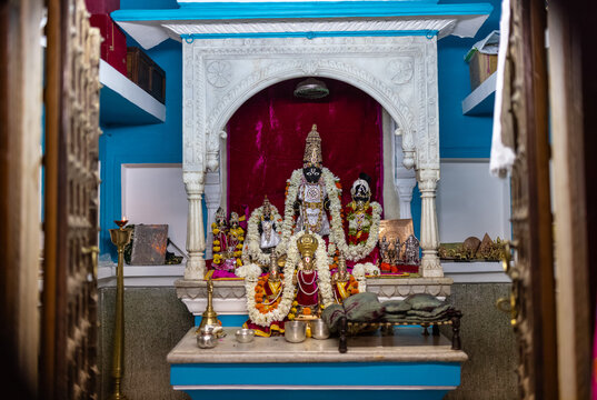 Idol of hindu god ram, goddess sita and laxman at temple in pushkar to worship.	
