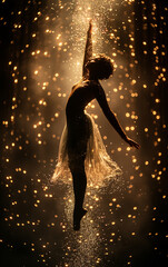 Obraz premium Digital image showing aerial ballet, dancers soaring gracefully, against a backdrop of twinkling stars, like a fairyland.