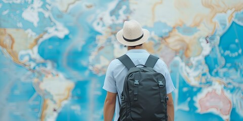 Man with backpack in front of world map planning travel adventure. Concept Travel Planning, Adventure Preparation, World Exploration, Backpacking Tips, Wanderlust Goals