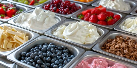 Assorted desserts like Greek yogurt bar frozen yogurt bark and fruit display. Concept Dessert Table, Greek Yogurt Bar, Frozen Yogurt Bark, Fruit Display